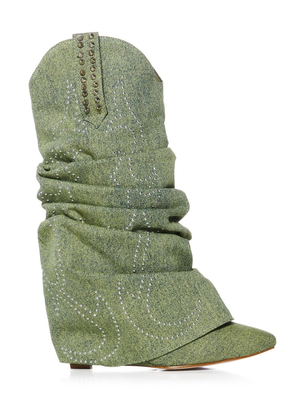 NEW AZALEA WANG Sinead Green Denim Ruched Cowboy Bootie - Size 9